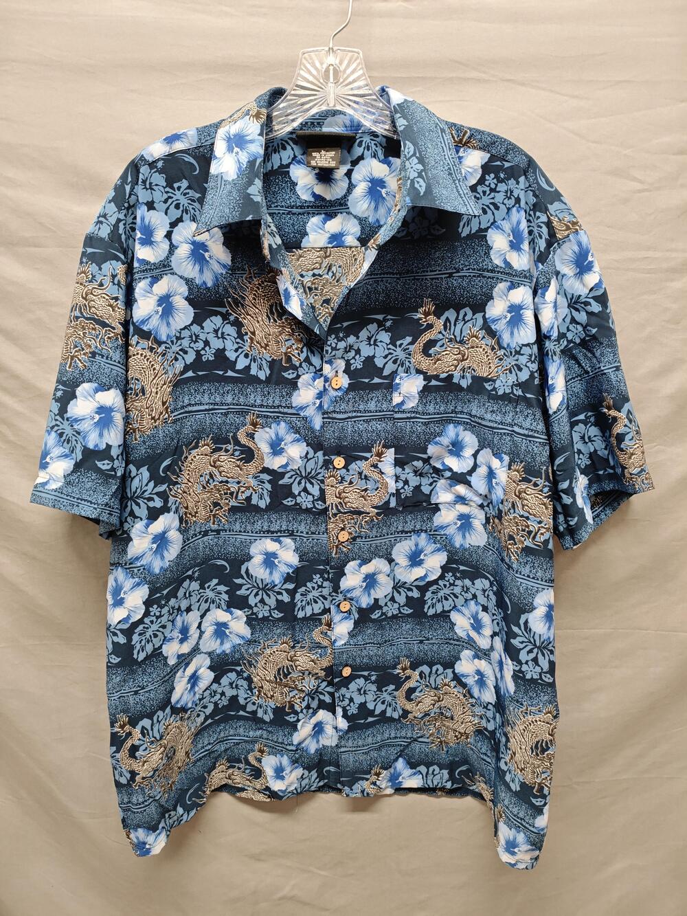 Oxide Shirt Mens Large Blue Dragon Hibiscus Hawaiian Aloha Button Front